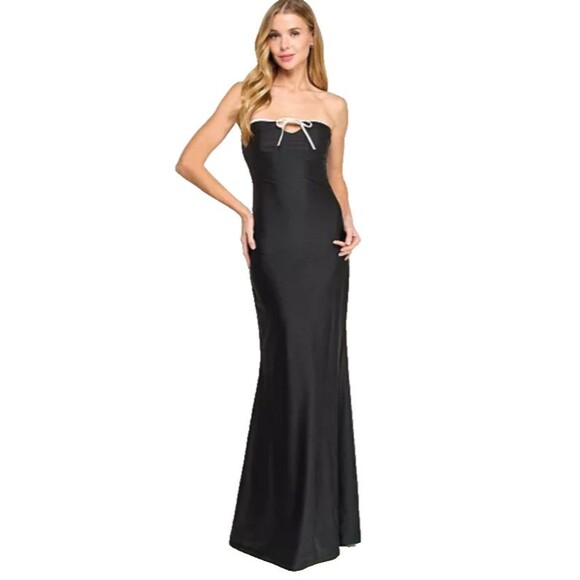 City Studios Strapless Black Gown w/White Tie At Bust size L NWT Elegant Formal - Picture 1 of 12